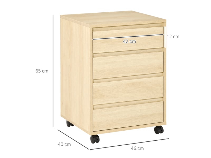  Caisson de bureau, rangement bureau sur roulettes, naturel, 4 tiroirs coulissants en bois  - Conforama C