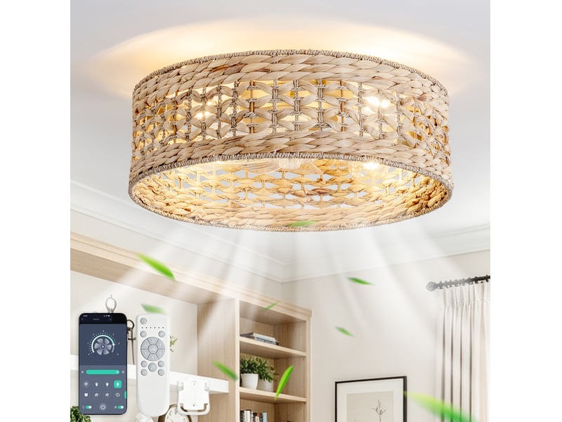  Ventilateur de plafond 50x50 cm avec éclairage, rotin cuivre et 6 vitesses  - Conforama D