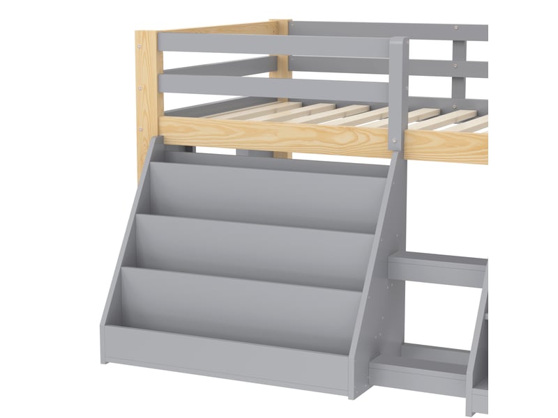  Lit surélevé 90 x 200 cm avec rangements intégrés, bureau intégré, éclairage led, en bois de pin – gris et naturel, matelas non inclus  - Conforama E