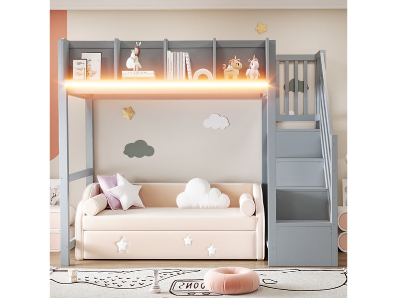 Lit mezzanine enfant simple 90×200 cm avec led et rangement ouvert - okmyhome- échelle, sans matelas, bois gris - Conforama C
