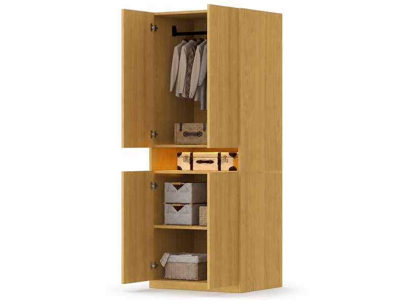Armoire 4 portes avec penderie, niche éclairée par led et rangements, couleur bois clair, chambre 70 × 55 × 180 cm - Conforama A
