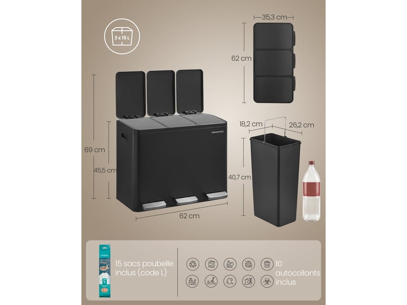  Poubelle de cuisine 62 x 35,3 x 45,5 cm tri sélectif 2 compartiments avec couvercles ergonomiques en acier inoxydable noir 12_0012572  - Conforama B