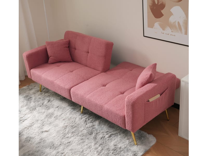 Canapé 2 places en peluche d’agneau,canapé-lit pliant réglable - pieds en métal + poches de rangement - 2 coussins - 175x64x72cm - rose 175x64x72cm - Conforama E