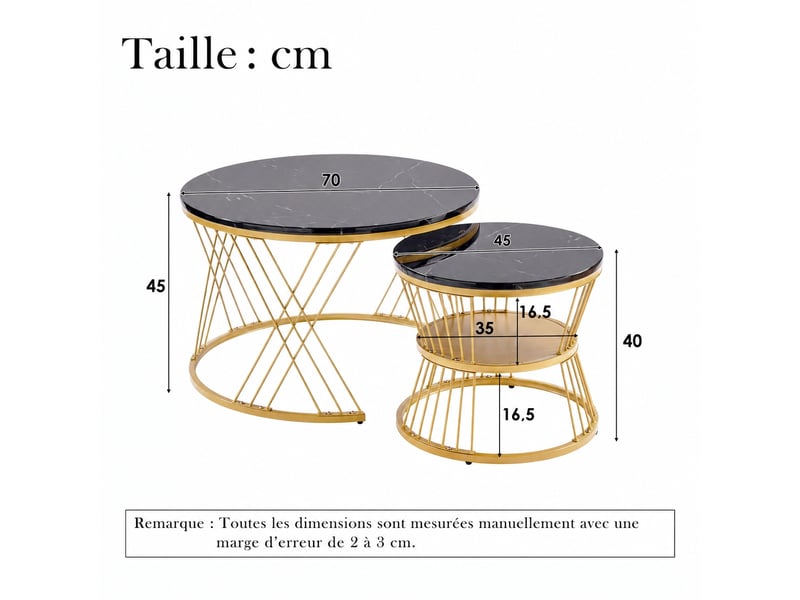 Lot de 2 tables basses rondes gigognes, effet marbre, structure métal, noir et doré - Conforama C