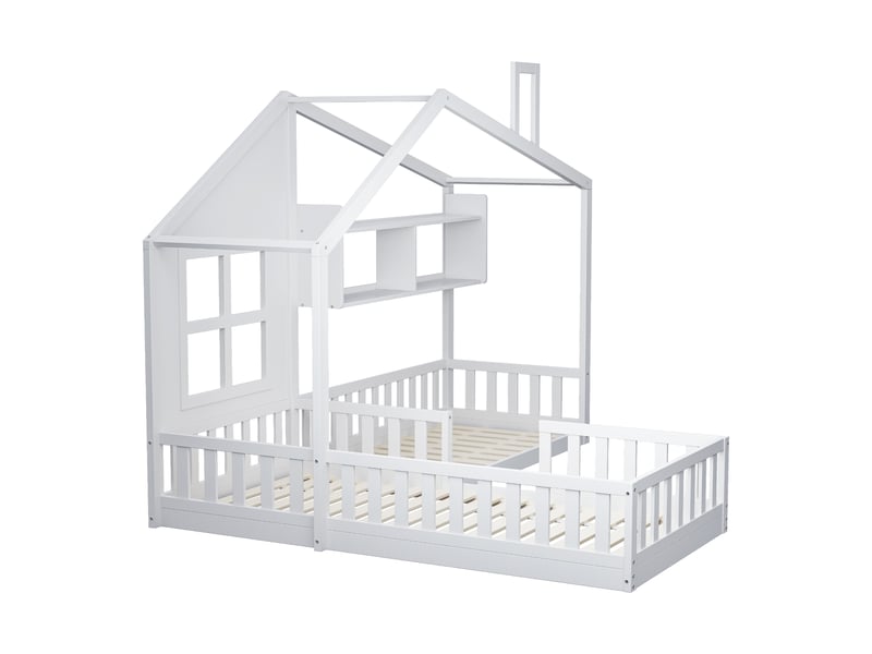 Lit enfant 90x200cm, lit cabane avec fenêtre et cheminée, barrière sécurité, bois massif blanc  - Conforama R