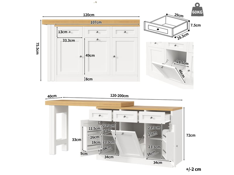 Table de bar extensible avec tiroir et rangement, blanc, 120-200x40x75,5 cm  - Conforama C