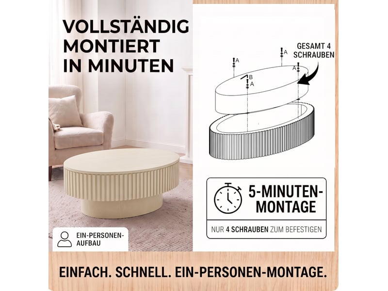  Table basse ovale 98x60x35 cm avec rangement caché mdf et bois crème  - Conforama D