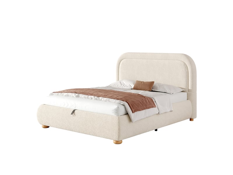  Lit coffre hydraulique 140x200 cm rembourré en bouclé beige avec tête de lit capitonnée, grand rangement et sommier à lattes Morn Vibe - Conforama A