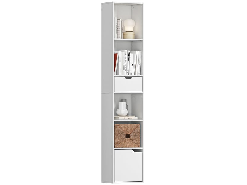  Bibliothèque à 6 étagères, réglable sur 3 niveaux, avec tiroir, porte d'armoire, étagère personnalisable, étagère d'exposition, blanche  - Conforama A