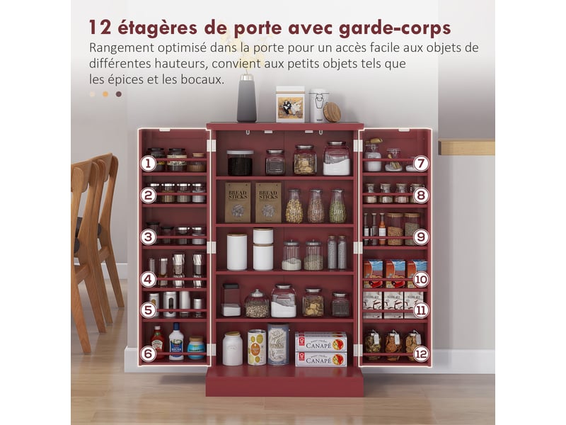  Armoire meuble de cuisine garde-manger 2 portes avec 5 étagères et 12 porte-épices - rouge - 60 x 30 x 104 cm  - Conforama E