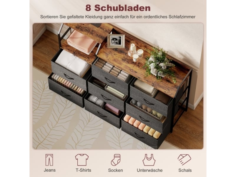 Commode 8 tiroirs en tissu cadre acier marron rustique noir avec station de charge intégrée - Conforama D