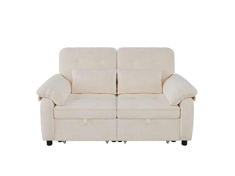 Canapé droit convertible 142x90x86,5cm 2 places, 2 coussins inclus, structure en bois et métal, tissu chenille, beige - Conforama A