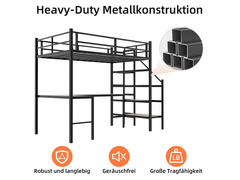  Lit mezzanine 90x190 cm, lit enfant, bureau en l, étagère, escalier de rangement, garde-corps, métal noir, sans matelas  - Conforama E