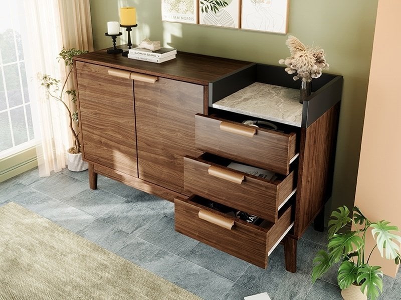  Commode à 3 tiroirs et 2 portes, 120 x 40 x 77 cm, niche ouverte et plateau effet marbre, effet chêne foncé  - Conforama B