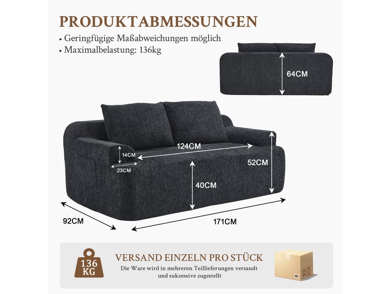  Canapé convertible modulaire 2 places avec coussins et assise souple en velours côtelé noir, 170 × 90 × 65 cm  - Conforama C
