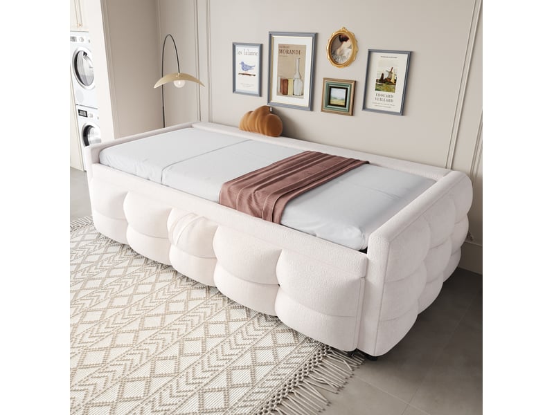  Lit gigogne 90-180x190 cm, lit enfant, lit 2 place, multi gain d'espace, pour chambre, tissu teddy, beige sans matelas  - Conforama E