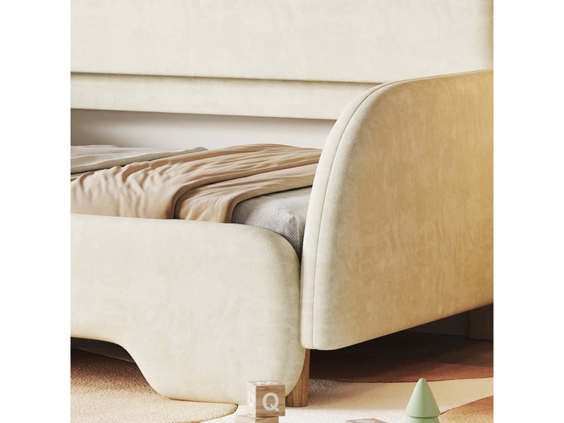  Lit gigogne en forme d'ours 140x200 cm avec bords protecteurs doux et lattes en bois, velours, beige, sans matelas  - Conforama E