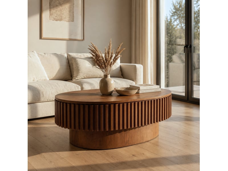  Table basse ovale 98 x 60 x 35 cm en mdf plaqué bois avec rangement caché noyer chicfurn  - Conforama C