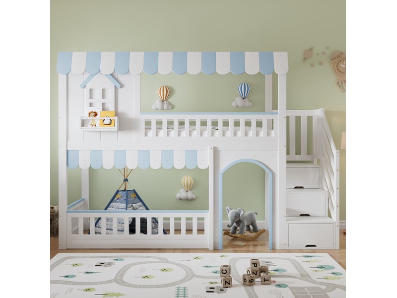 Lit superposé enfant 90x200cm, lit avec rangement, escalier et fenêtres décoratives, mdf, blanc et bleu sans matelas  - Conforama D