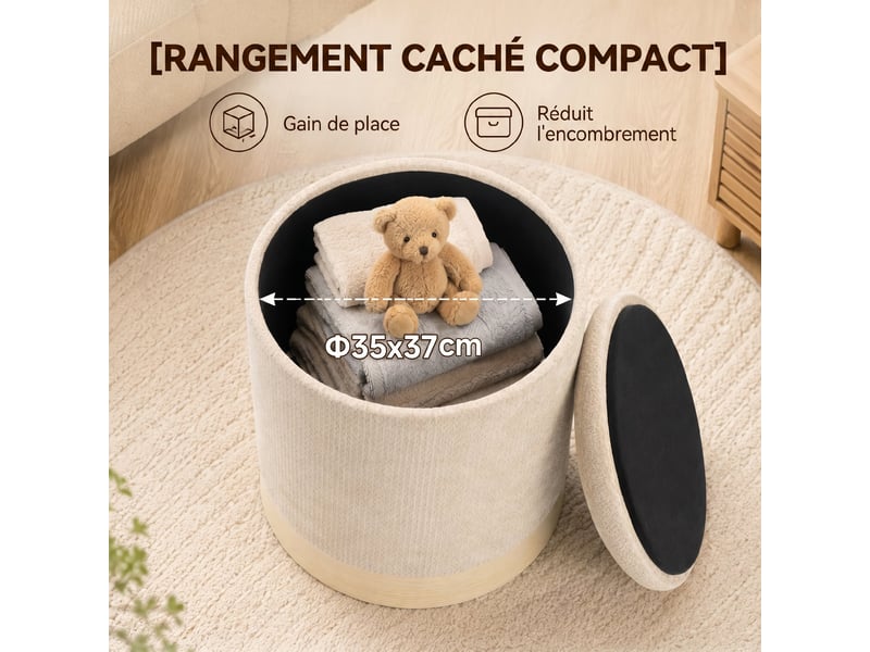  Pouf coffre rangement, tabouret rond en chenille, beige, pouf repose-pieds avec base en métal effet bois  - Conforama R