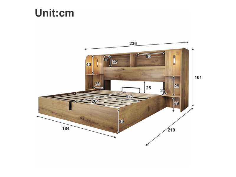  Lit coffre 180x200 cm avec rangement hydraulique, lit double avec étagères de tête de lit, lampes tactiles, usb-ausb-c et sommier, effet chêne OPULERANE TRADING LTD - Conforama C