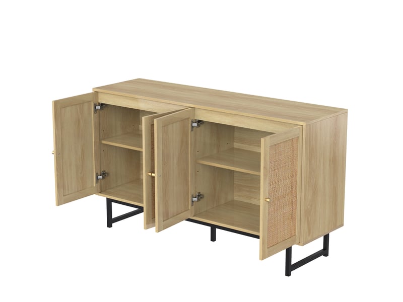  Buffet bas 140x39,5x80 cm bois clair en panneaux de particules, 4 portes, pieds métal noirs, grand rangement  - Conforama E