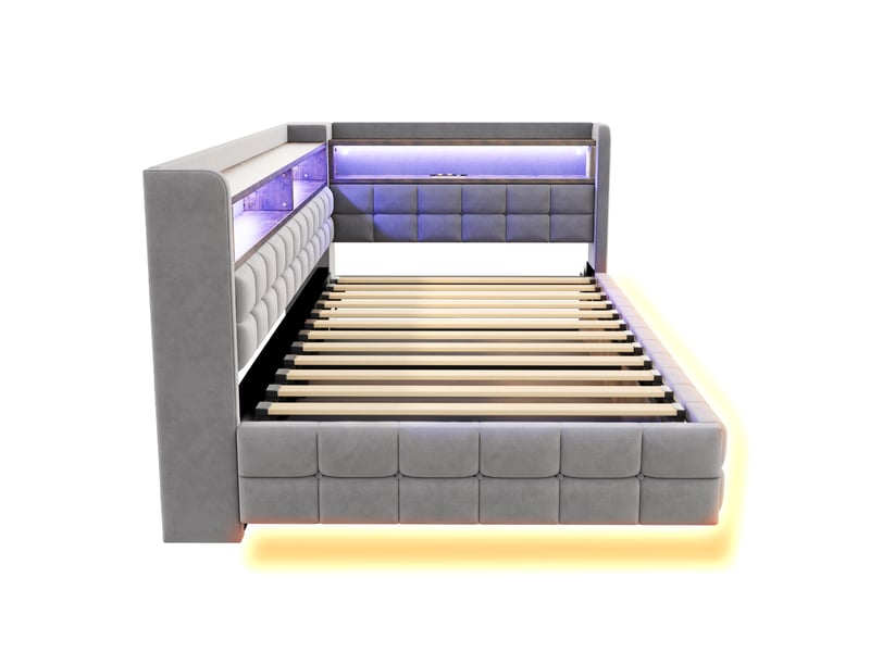  Lit coffre 90x200 cm - lit simple avec rangement hydraulique - tête de lit led, usb &amp; type-c - étagères - gris  - Conforama R