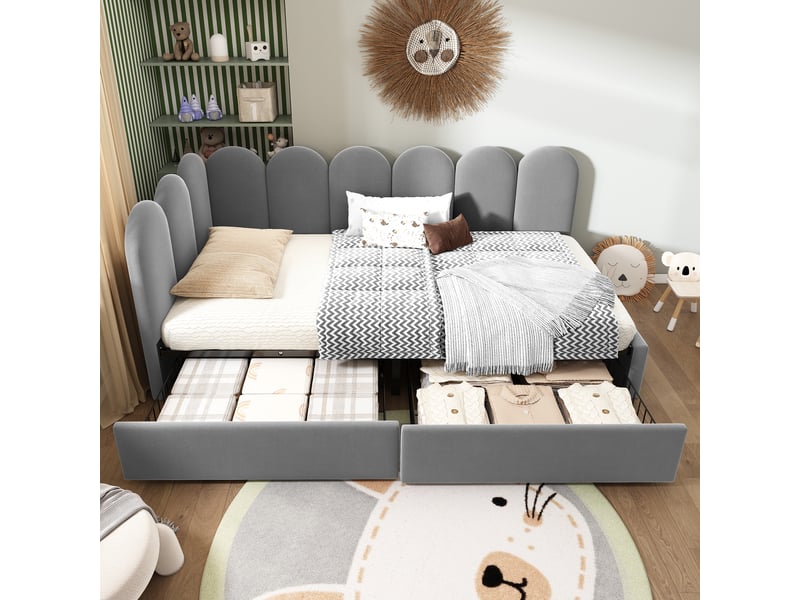  Lit gigogne 90x200 cm, revêtement en velours, coloris gris, 2 tiroirs intégrés, sommier à lattes inclus, matelas non inclus, cadre fonctionnel  - Conforama E