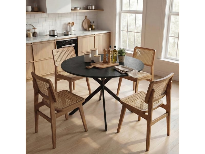  Table de salle à manger ronde pour 4 personnes avec pieds en acier réglables, bois mélaminé, diamètre 100 cm, noir  - Conforama C