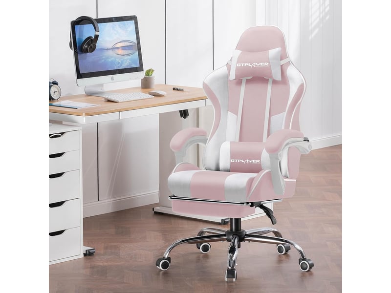  Gtplayer chaise de jeu ergonomique avec repose-pieds, réglable en hauteur - tissu rose GT800A-PK-FA - Conforama B