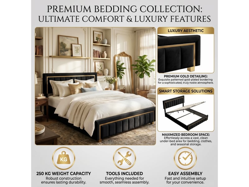  Dreammespace lit coffre 160x200 cm - lit queen size avec grand coffre hydraulique et sommier, velours lignes dorées noir moderne DreamMespace - Conforama D