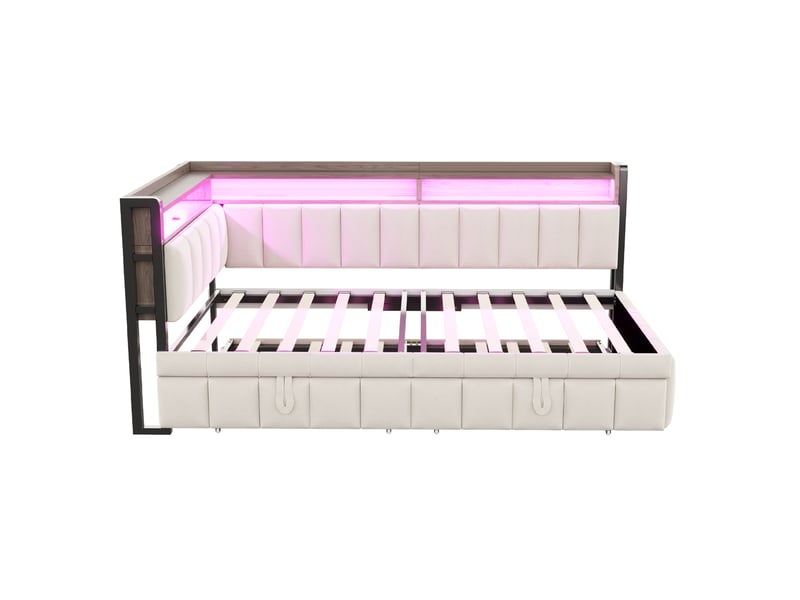  Lit gigogne enfant 90x200 cm beige velours, led réglable, rangements et ports usb type-c  - Conforama E