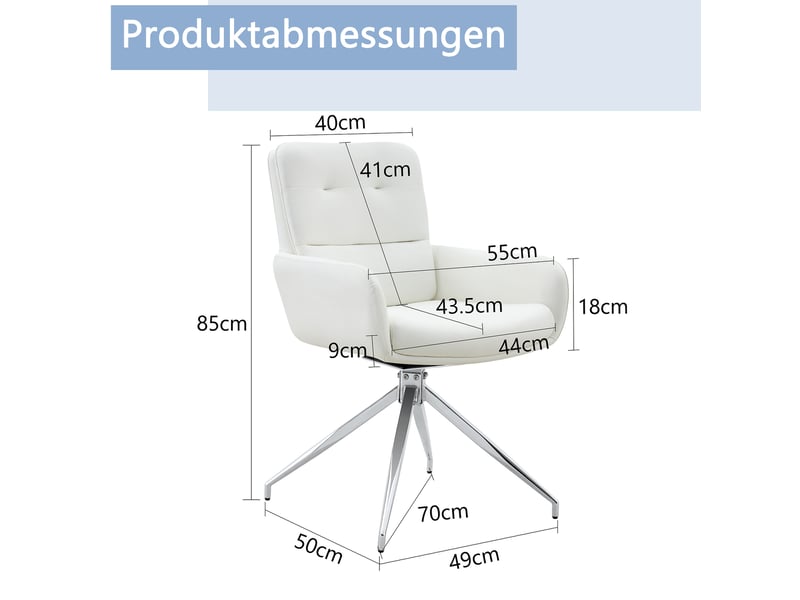  Lot de 2 chaises de salle à manger 55x50x85 cm pivotantes à 360° métal polyuréthane (pu) blanc et argenté  - Conforama E