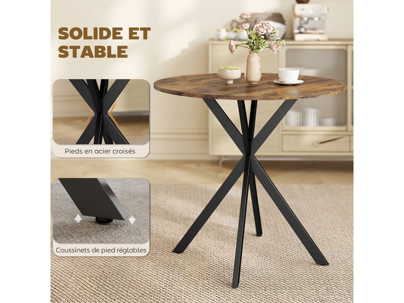Table à manger ronde pour 2 personnes avec plateau aspect bois et piètement croisé en acier, rustique brun - Conforama R