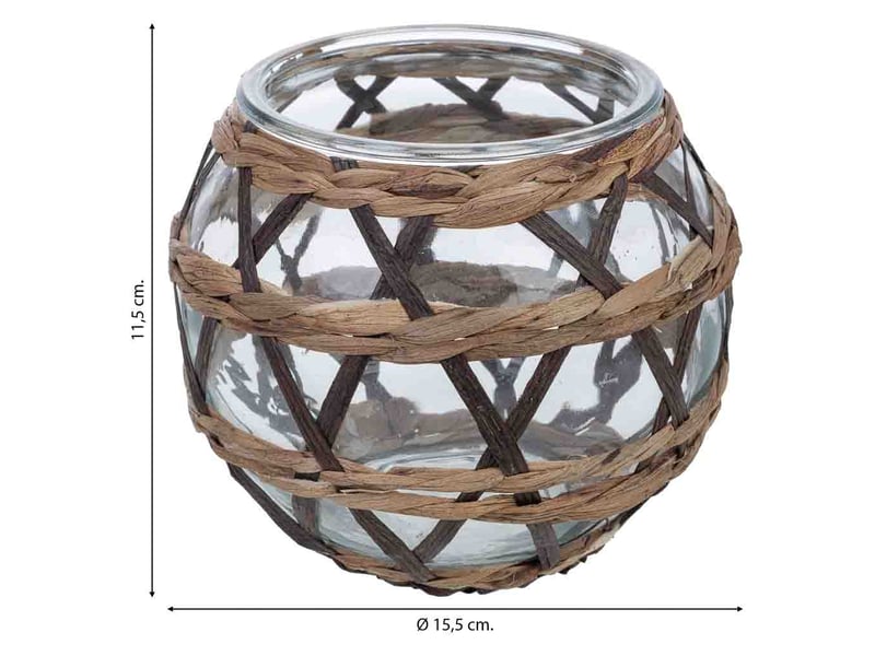  Bougeoir en verre recouvert de fibres naturelles marron, d15,5x11,5h cm  - Conforama C