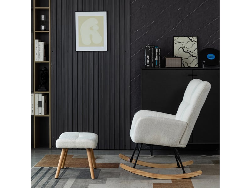  Fauteuil à bascule 64x94x92cm avec repose-pieds, capacité 250 lb, structure bois d'hévéa, confort et doux, teddy blanc  - Conforama E