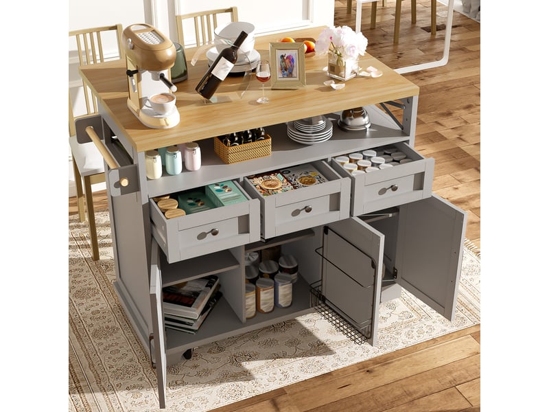  Îlot de cuisine gris avec plateau rabattable, desserte de cuisine à roulettes en mdf et métal, 118x43x98cm  - Conforama C