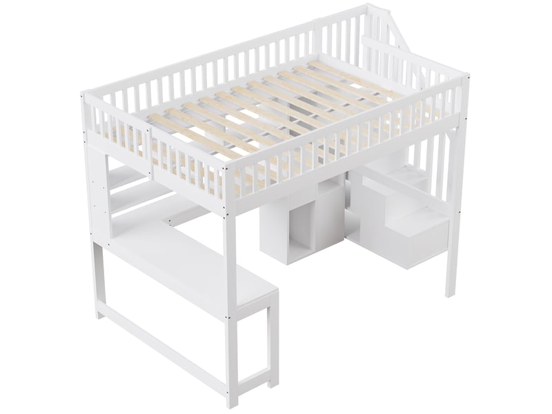  Lit mezzanine led 140 × 200 cm blanc avec bureau, escalier de rangement et étagères IKSETERA TRADING LTD - Conforama W