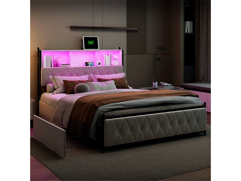  Lit 160x200cm - lit double 160x200cm - lit avec tête de lit de rangement led, station de charge et 4 tiroirs - beige  - Conforama D