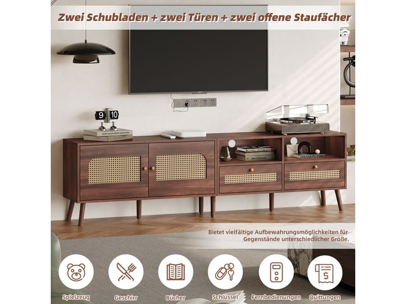  Meuble tv moderne en rotin - 200x37x49.5 cm - pour téléviseur 80 pouces - 2 portes en rotin - 2 tiroirs - 8 pieds  - Conforama D