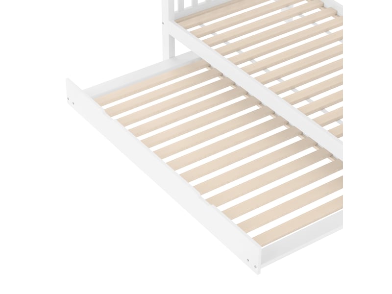  Lit superposé 90×200 cm avec lit gigogne 90×190 cm, étagères d’escalier et barrières, bois blanc  - Conforama D