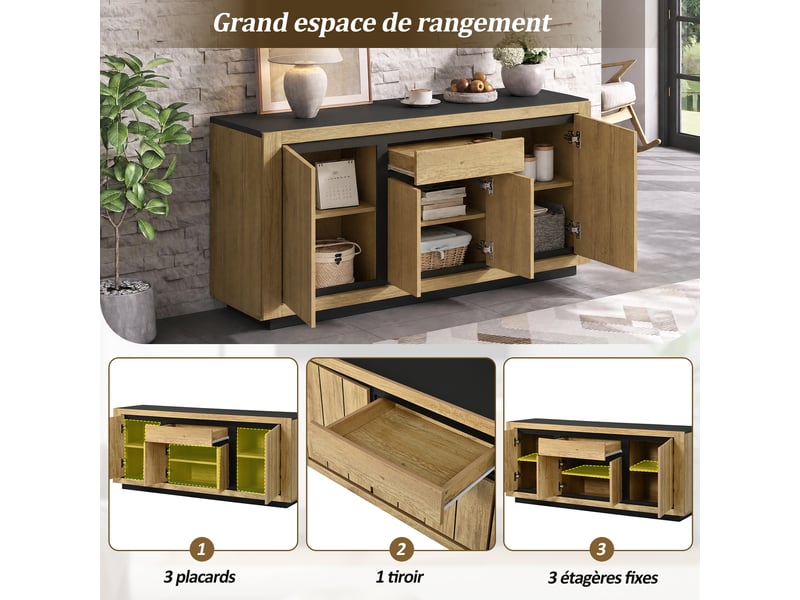  Buffet bas 140x40x60 cm avec 4 portes et 1 tiroir, meuble de rangement salon salle à manger, design bois et noir - mdf-noirbois  - Conforama E