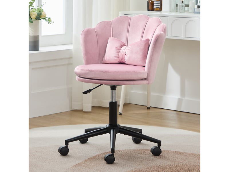  Chaise de bureau pivotante 62x55x73-83cm – avec dossier en forme de pétale et coussin lombaire papillon hauteur réglable – velours - rose  - Conforama E