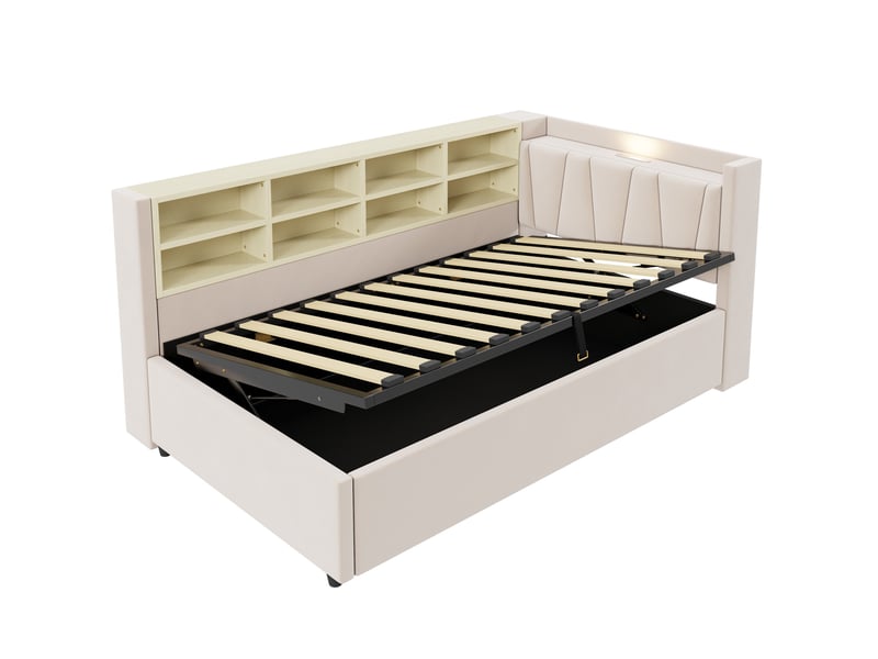  Lit banquette enfant 90 x 200 cm avec rangement hydraulique, veilleuse, usb et type-c, velours beige Fay Lum - Conforama A
