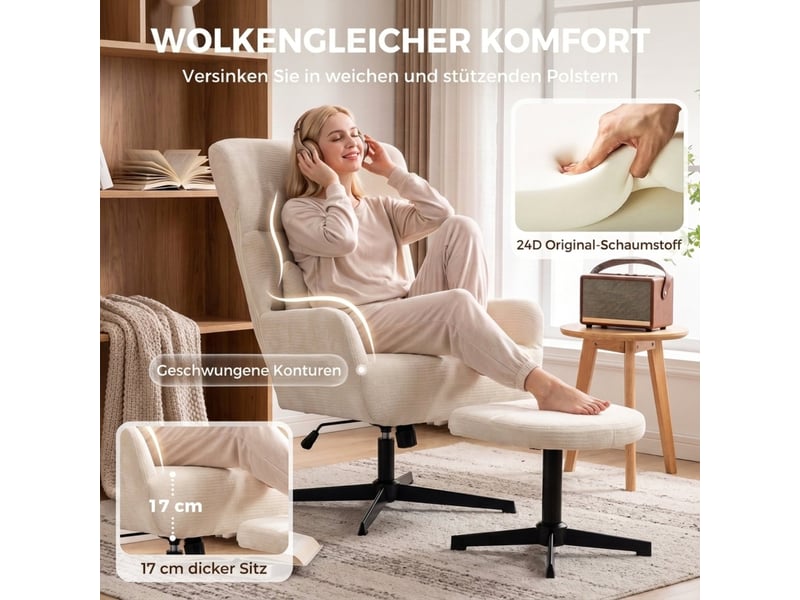  Fauteuil de salon - fauteuil lounge pivotant à 360° avec repose-pieds, réglable en hauteur, revêtement en chenille, crème  - Conforama R