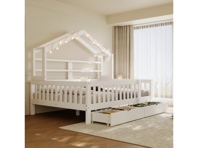 Lit cabane enfant 140x200 cm, lit au sol, tiroirs de rangement, barrière de sécurité, éclairage led, support à lattes stable, pin blanc OPULERANE TRADING LTD - Conforama D