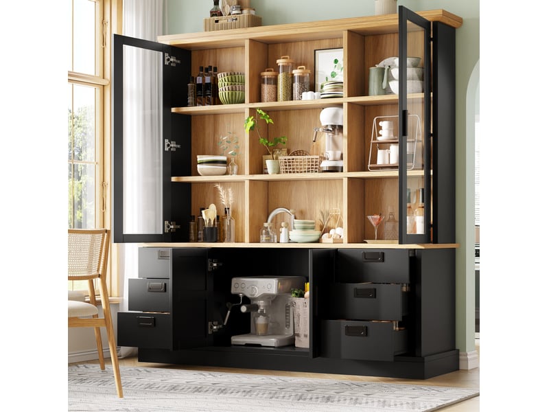 Buffet de cuisine à 6 tiroirs et portes vitrées, mdf, noir et effet bois - Conforama B