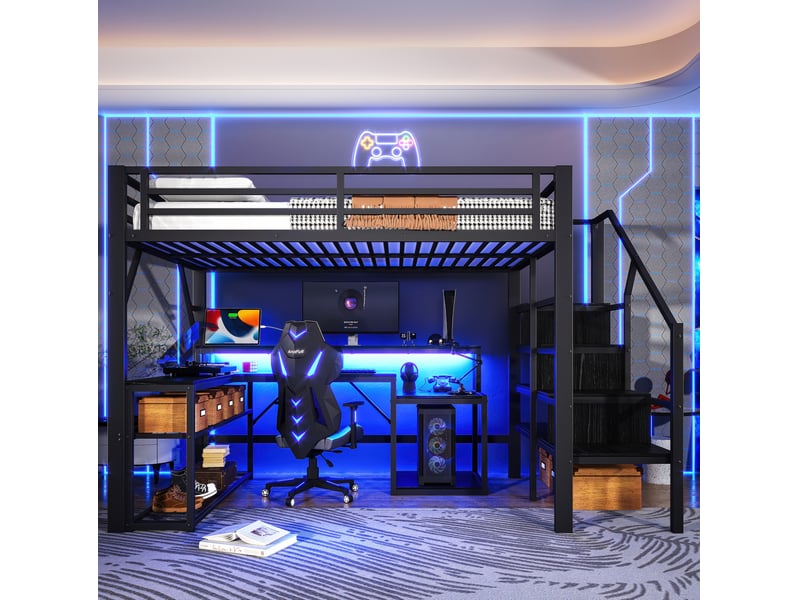  Lit mezzanine 140x200 cm avec bureau, rangements, led et usb noir  - Conforama D