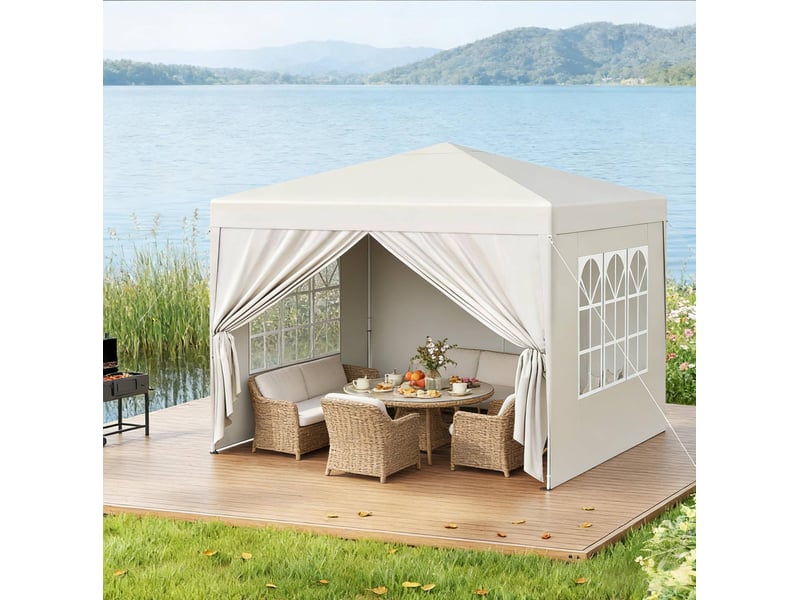  Tonnelle pliante de jardin 300x300 cm beige en tissu oxford, avec parois latérales et 2 portes zippées  - Conforama D