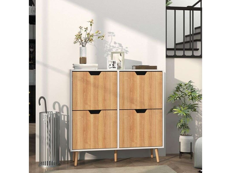  Meuble à chaussures 4 abattants 16 paires avec étagère réglable pieds en bois de pin 95 x 26 x 95 cm naturel  - Conforama B